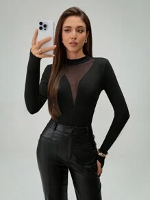 SHEIN Tall Women's Fashion Mesh Splice Long Sleeve Fingerhole Black Bodysuit Fall Cloth For Women - Black - View 4
