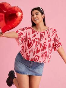 SHEIN EZwear Plus Size Round Neck Heart Print Pleated Short Sleeve T-Shirt For Summer - Red - View 1
