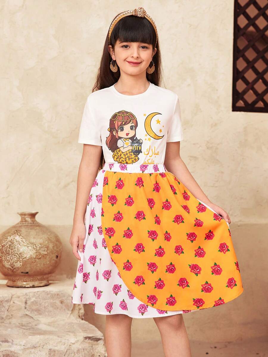 SHEIN 2 件套 青少年女孩休闲简约舒适卡通女孩花卉图案圆领 T 恤和裙子套装 - 黃色 - 查看 1