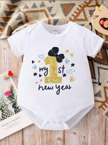 女婴休闲时尚创意可爱装饰蝴蝶结、仿箔、闪光字母标语印花连体衣、短袖连体衣 - 白色 - 查看 1