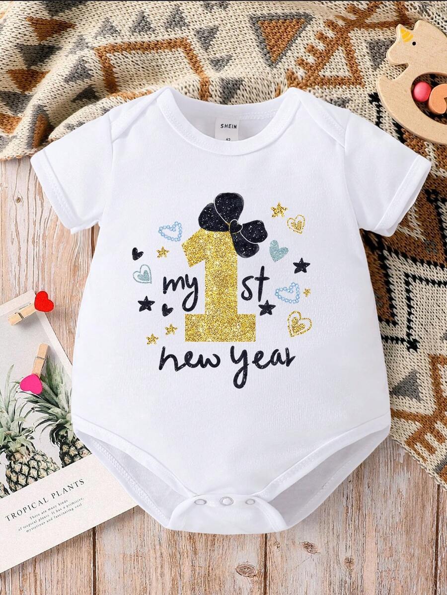 女婴休闲时尚创意可爱装饰蝴蝶结、仿箔、闪光字母标语印花连体衣、短袖连体衣 - 白色 - 查看 1