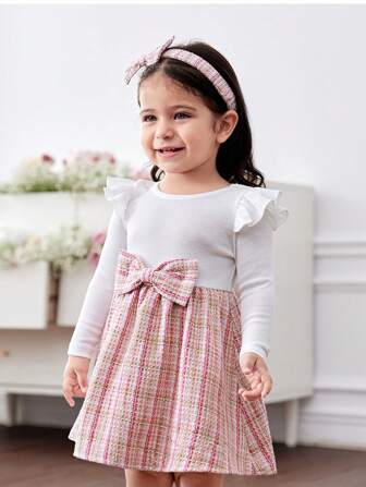 SHEIN Kleinkind Mädchen kariertes Patchwork Langarm Strickkleid mit Schleifenhaarband, süßer Stil für Herbst/Winter