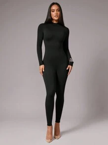 Silquee Women's WOMEN Elegant Autumn And Winter Long Sleeve Suitable For Daily Commuting, Urban Fashion, Can Party, Black Stretch Knit Skinny Square Neck Jumpsuit - Black - View 5