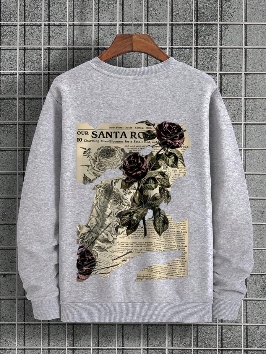 RueChic 100%Cotton Men's Basic Style Back Poster Pattern Print Sweatshirt - Grey - View 1