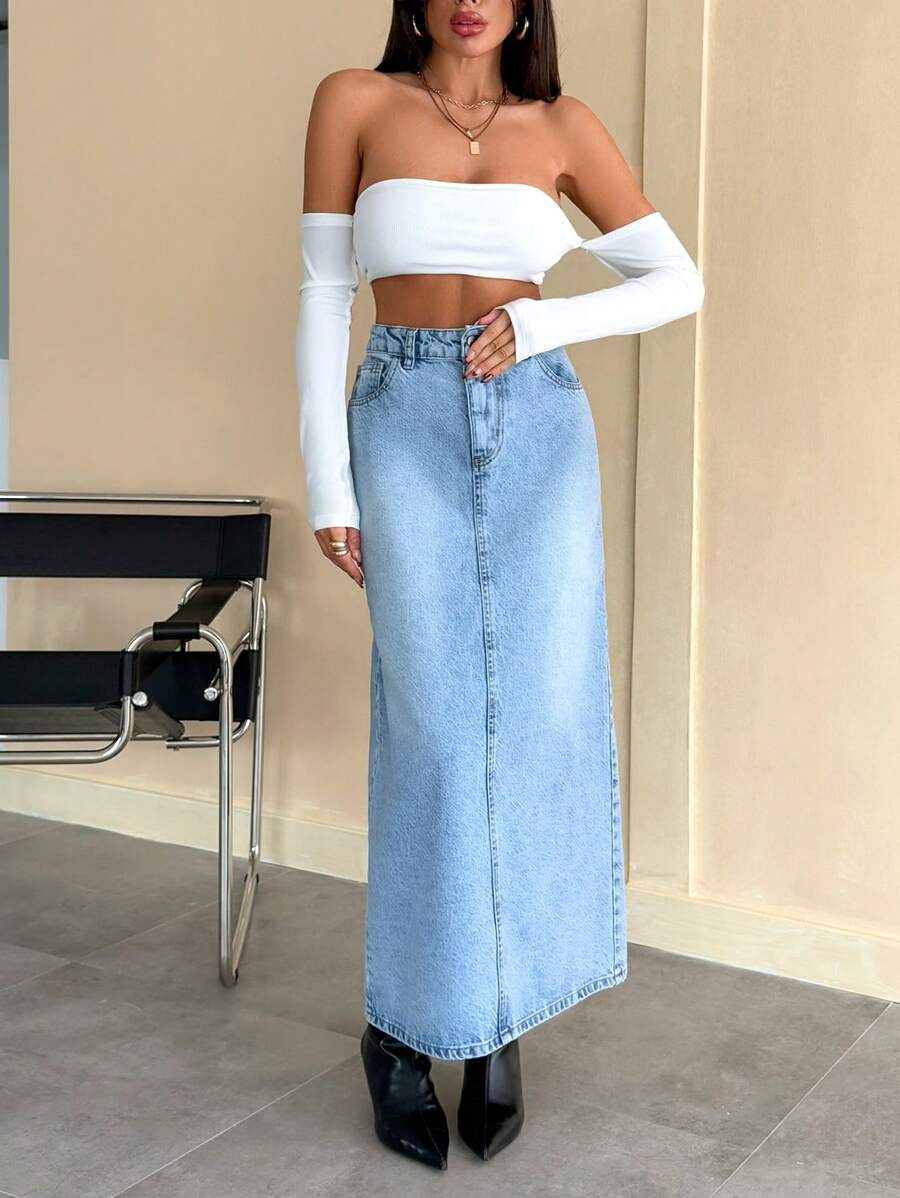 EURMUSE LOW RISE LIGHT BLUE DENIM SKIRT WITH SLIT - Light Wash - View 1