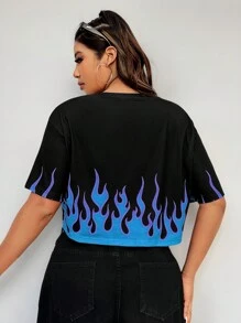 Coolane Plus Size Women Flame Print Round Neck Short Sleeve Cropped Casual T-Shirt For Summer - Blue - View 2