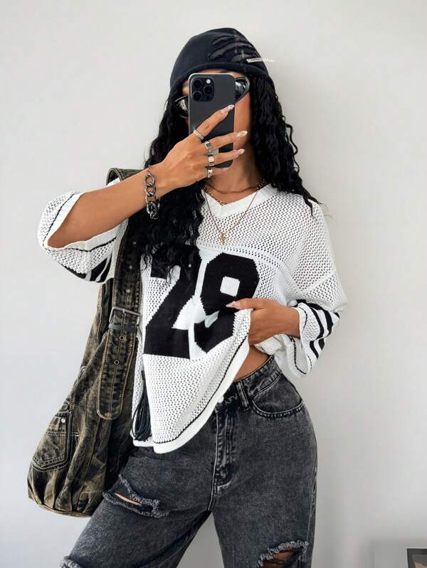 Coolane Girls Knit Striped & Number Printed 3/4 Sleeve Oversized Jersey Cover Up Sweater,Halloween,Short Sleeve Tops