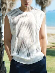 DAZY 男士度假沙滩透气网眼镂空上衣 - 米色 - 查看 5