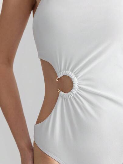 Women's Boho Style White Hollow Out Waist Strap One-Piece Swimsuit