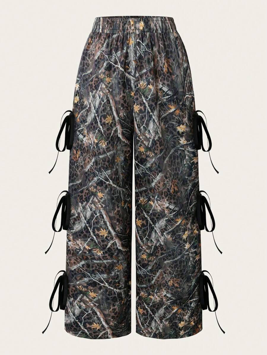 Flirla 大码女式迷彩豹纹蝴蝶结装饰宽松裤