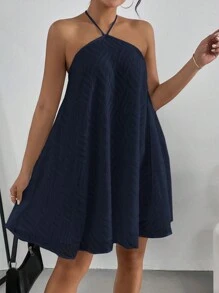 SHEIN Essnce 女士纯色露背简约休闲短款连衣裙 - 藏蓝色 - 查看 4