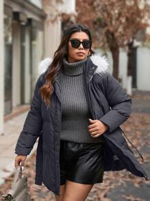 Calvaya Plus Size Front Zipper Long Sleeve Furry Patchwork Casual Hooded Coat, Winter Coat