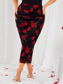 SHEIN SXY Falda de malla de cintura media con estampado floral para mujeres de talla grande, adecuada para uso diario, vacaciones, playa, fiesta, cita, cumpleaños, despedida de soltera, fiesta, baile, cita en pareja, elegante, casual, compras, uso diario, al aire libre, coqueta, fácil de combinar y que estiliza, resalta tu figura, resalta tu Body