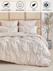 2/3pcs Beige Pleated Microfiber Duvet Cover Set, Minimalist Luxury Modern Polyester Pillow Sham Bedding Set, Suitable For All Seasons Queen (1 Duvet Cover + 1/2 Pillow Shams) - Khaki - View 2