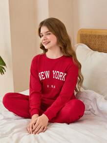 SHEIN 2pcs Girls Letter Print Long Sleeve Casual Top & Loose Pants Loungewear Set, Wine Red - Burgundy - View 1