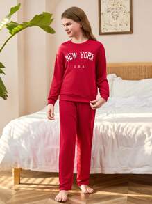 SHEIN 2pcs Girls Letter Print Long Sleeve Casual Top & Loose Pants Loungewear Set, Wine Red - Burgundy - View 7