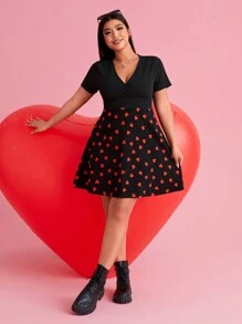 SHEIN EZwear Plus Size Color Block Heart Pattern V-Neck Dress, Suitable For New Year's Eve & Valentine's Day Outfit, For Summer - Multicolor - View 1
