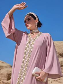 Al Najma Women's Elegant Embroidery Decor Flared Sleeve Arabic Style Long Dress Kaftan Jalabiya Dress - Pink - View 2