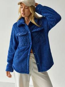 Tropiluxe Women's Warm Padded Shirt Collar Shoulder Quilted Pocket Long Sleeve Jacket For Autumn/Winter