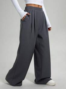 SHEIN Essnce Women's Autumn And Winter Casual Comfortable Loose Elastic Waist Gray Basic Wide-Leg Pants, Fall Women Clothes, Old Money, Going Out Bottoms, Curv Pants, Women Outfits, Fall Pants High Waist Solid Color Pockets Wide Leg Loose Pants Winter Women Outfits Women Clothes Christmas Women Clothes - Grey - View 3