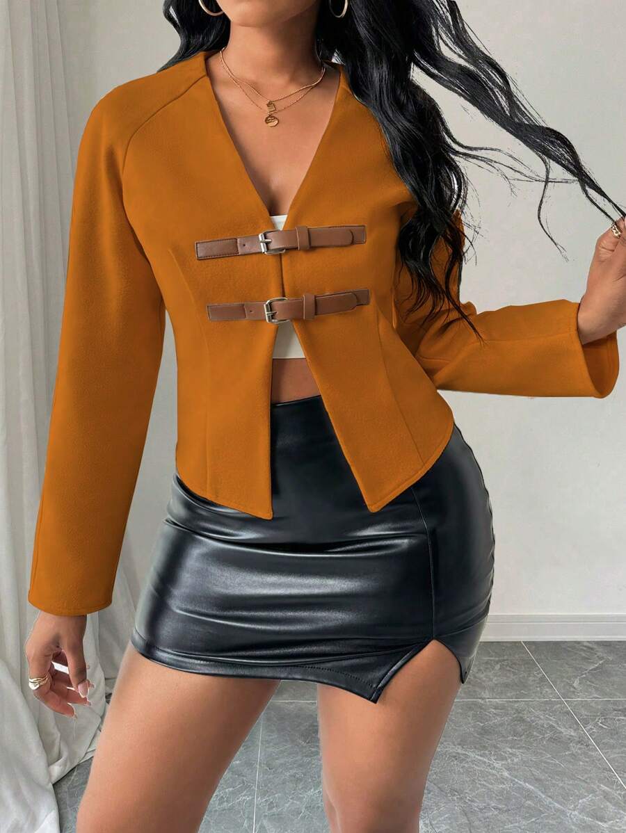 Zolique Women Solid Color Splice Long Sleeve Casual Top, Simple Design For Everyday Wear Fall Cloth For Women - Orange - View 1