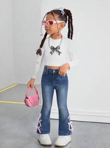 SHEIN Young Girl' Y2K Pink Cute Bow Accent Blue Denim Jeggings,Valentine's Day Denim Pants - Dark Wash - View 4