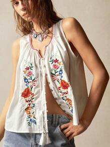 Bohemela 女士休闲纯色编织刺绣无袖宽松背心