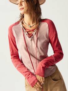 Bohemela Boho Women's Fitted V-Neck Knit Color Block Long Sleeve Top, Casual - Coral Pink - View 5