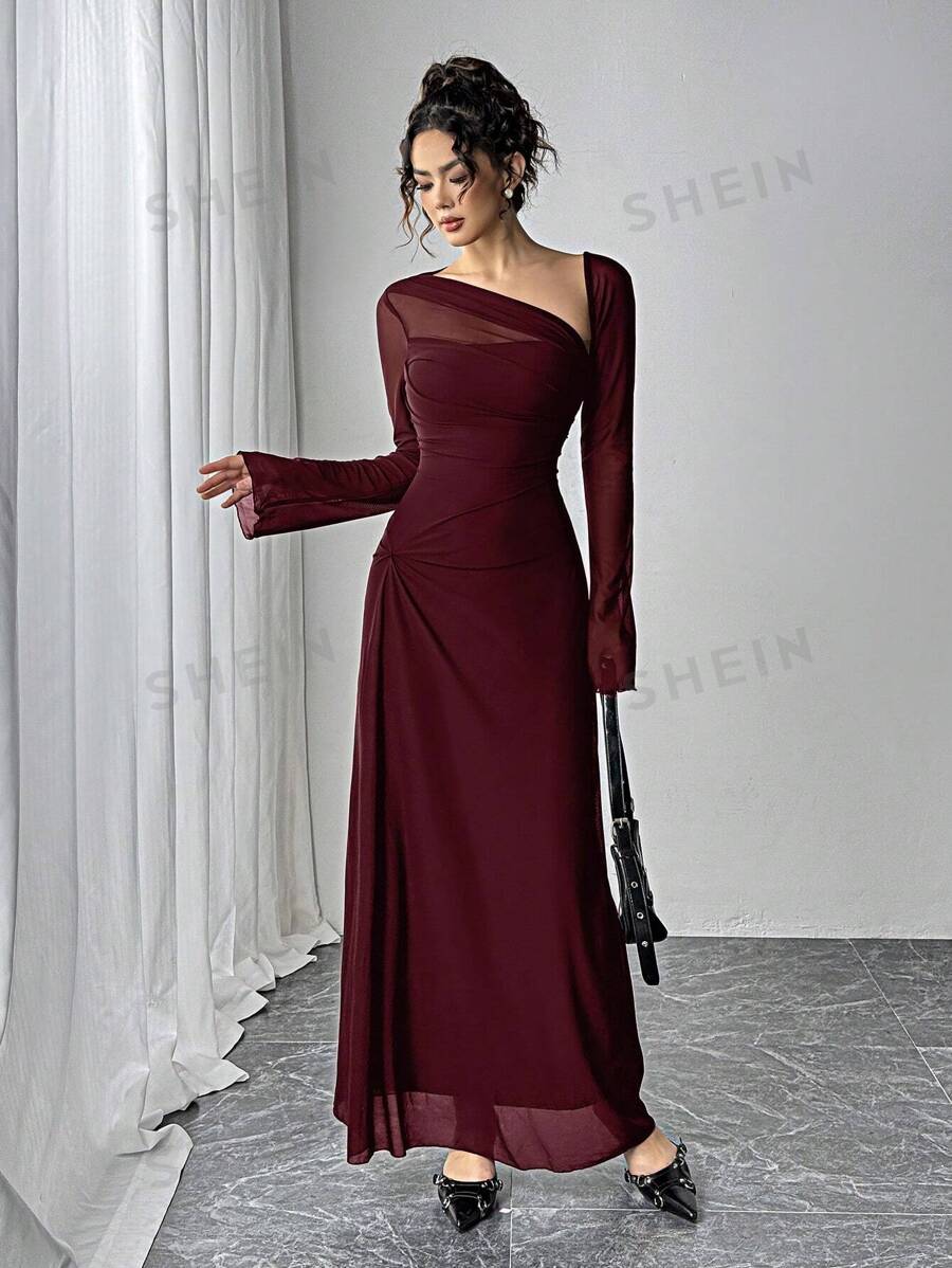 Siren Gaze Vestido largo y elegante de mujer de unicolor con parches de malla minimalista - Burdeos - Ver 1