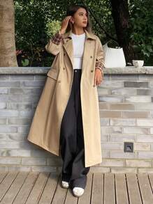 DAZY Plaid Patchwork Double-Breasted Loose Mid-Length Trench Coat,Fall Clothes - Khaki - View 1