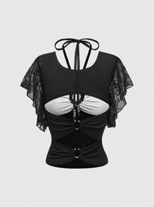 ROMWE J-Fashion Shibuya Girl Y2K 风格蕾丝拼接挂脖式女式 T 恤