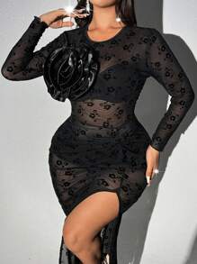 Viva Relle Robe maxi fendue sexy pour femmes grandes tailles en maille transparente à fleurs roses 3D pour soirée