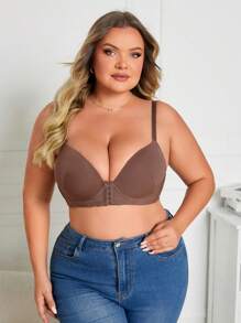 1pc Plus Size Women Wire-Rimmed Push-Up Fastening Lingerie Bra, Simple Solid Color - Coffee Brown - View 3