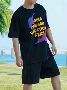 DAZY Men's Colorful Leopard & Letter Print Black T-Shirt & Shorts Set, Summer - Black - View 1