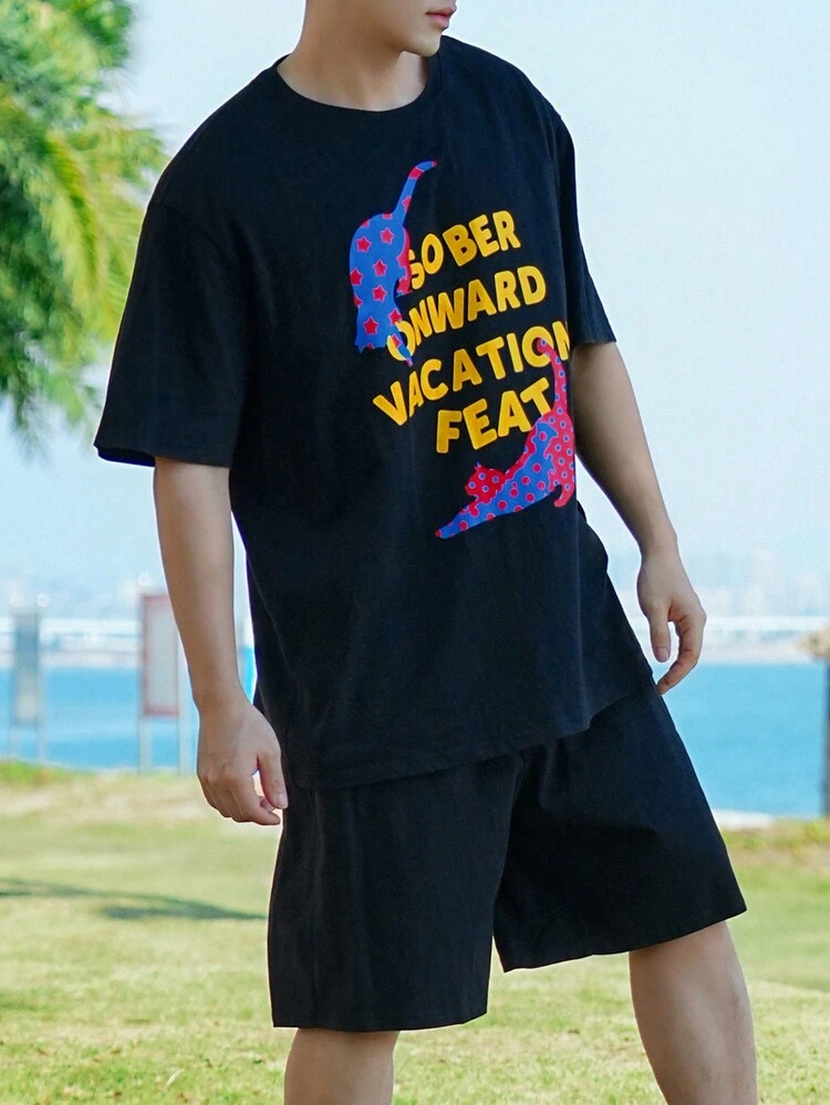 Men's Colorful Leopard & Letter Print Black T-Shirt & Shorts Set, Summer