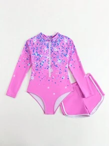 Baju Renang Terusan Anak Perempuan dengan Celana Pendek, Set Baju Renang Lengan Panjang Motif Polkadot Biru Berkilau untuk Liburan Pantai Musim Panas Warna Pink - Berwarna merah muda - View 4