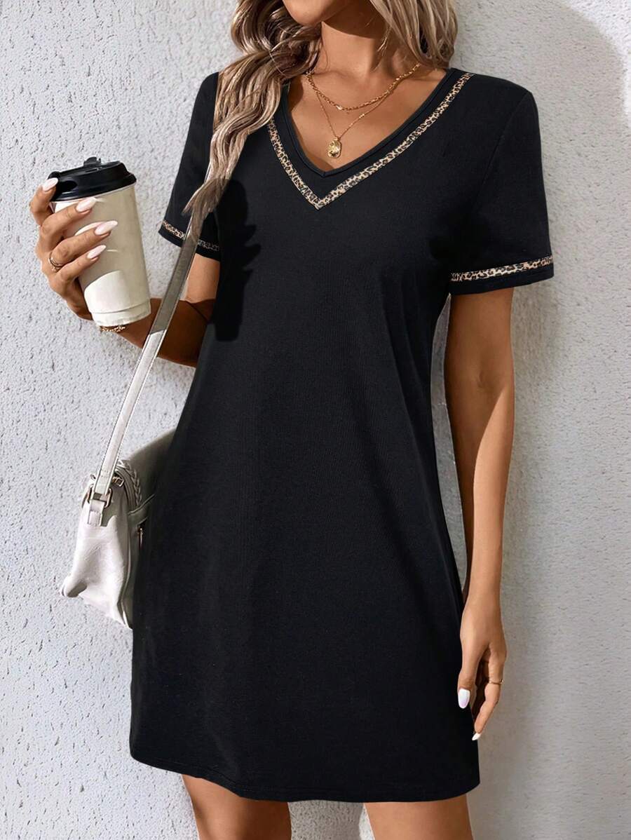 SHEIN LUNE V-Neck Leopard Print Splice Straight Mini Dress, Short Sleeve, Spring/Summer,Casual - Black - View 1