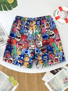 SHEIN 青少年男孩休闲度假全身可爱图案短裤沙滩裤泳装，适合海滩、游泳、冲浪度假 - 藍色 - 查看 2