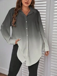 SHEIN Essnce Camisa de manga larga para mujer talla grande, camisa estampada con degradado, ropa de mujer para otoño, blusas con mangas para uso profesional, blusas de mujer de manga larga para otoño - Gris - Ver 3