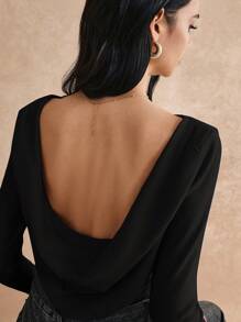 Poéselle Women's Solid Color Long Sleeve Slim Fit T-Shirt, Casual For Everyday Wear - Black - View 2