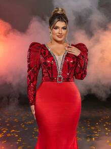Glamrae Plus Size Formal Evening Gown With Sequin Patchwork, Chain Decor & Puff Sleeves, Wedding Guest Dress - Red - View 2
