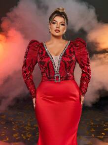 Glamrae Plus Size Formal Evening Gown With Sequin Patchwork, Chain Decor & Puff Sleeves, Wedding Guest Dress - Red - View 7