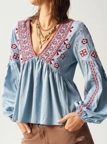 Bohemela Women's Solid Color Woven Embroidered V-Neck 3/4 Sleeve Fitted Blouse With Ruffle Hem