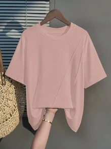 INAWLY Camiseta casual de manga corta de cuello redondo y unicolor para mujer talla grande, de verano