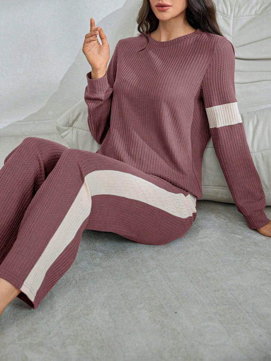 拼色休闲时尚女式套头衫长袖长裤家居服套装