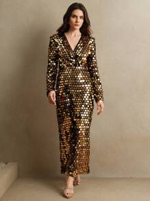 Anewsta 高端品牌女式亮片装饰长袖连衣裙，秋冬款 - 金色 - 查看 6