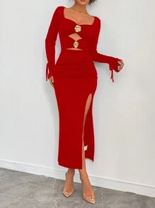 Calvaya Vestido ajustado con abertura alta, envolvente y con estampado floral recortado y fruncido, elegante para mujeres, ropa de fiesta casual y sexy del estilo Y2K, para primavera y otoño