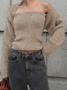 DAZY 2pcs Women Sleeveless Short Jacket And Sweater Set, Apricot Color, Suitable For Spring & Autumn,Fall Women Clothes - Apricot - View 6