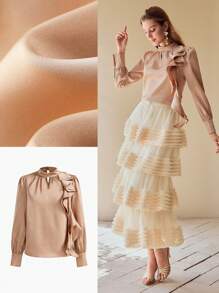 MOTF PREMIUM SATIN RUFFLE TRIM KEYHOLE NECKLINE BLOUSE - Brown - View 2