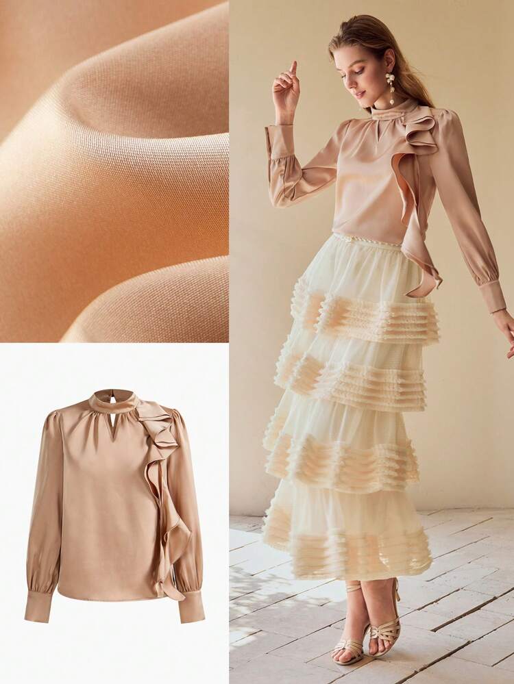 SATIN RUFFLE TRIM KEYHOLE NECKLINE BLOUSE